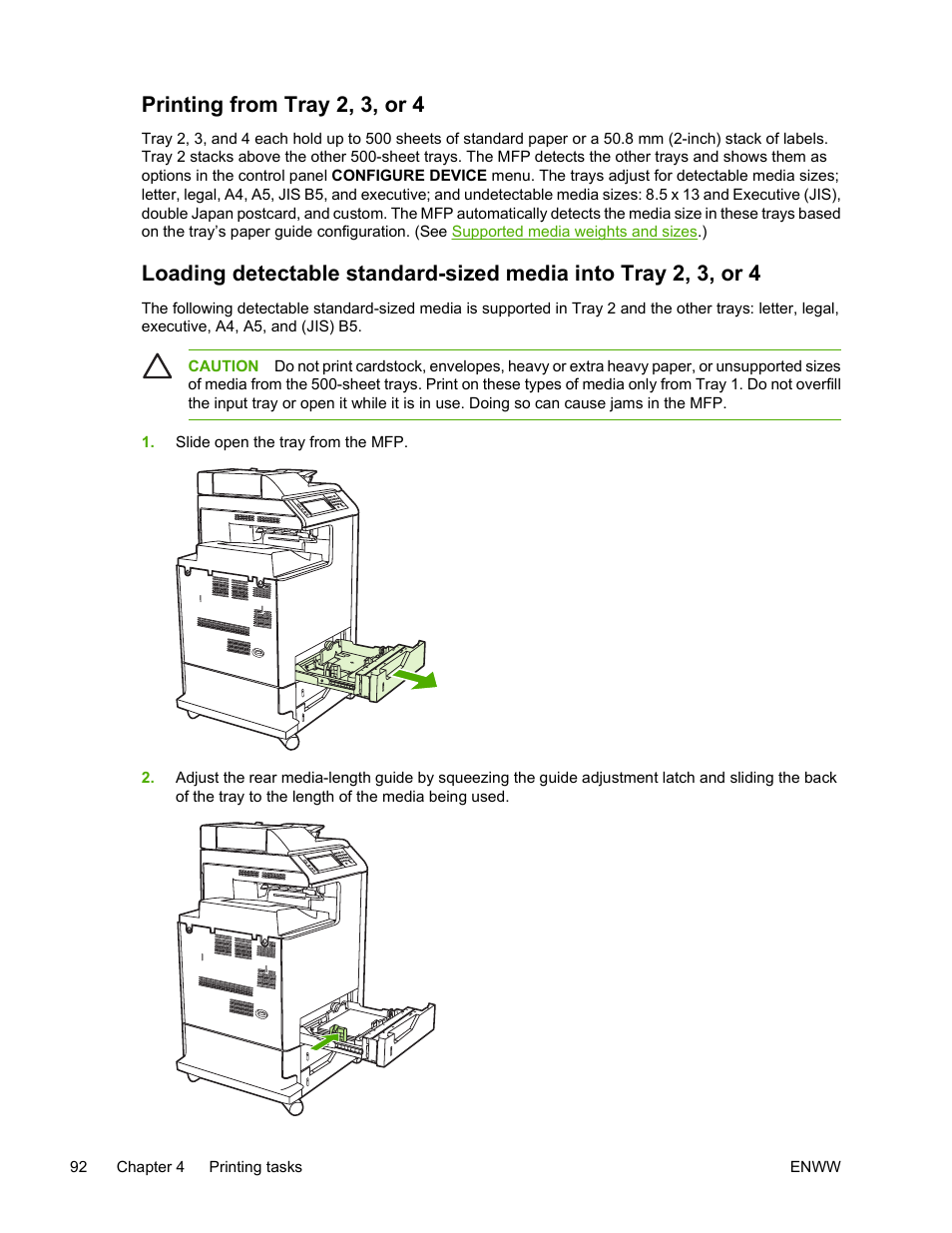 Printing from tray 2, 3, or 4 | HP Color LaserJet 4730 Multifunction Printer series User Manual | Page 112 / 412