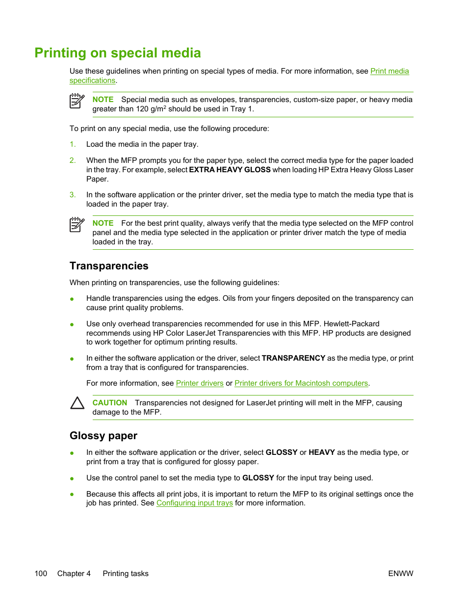 Printing on special media, Transparencies, Glossy paper | Transparencies glossy paper | HP Color LaserJet 4730 Multifunction Printer series User Manual | Page 120 / 412