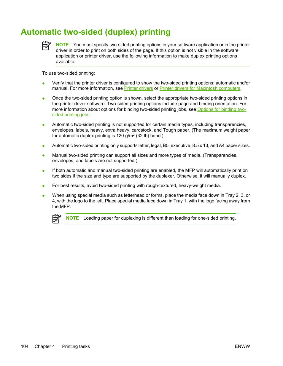 Automatic two-sided (duplex) printing | HP Color LaserJet 4730 Multifunction Printer series User Manual | Page 124 / 412