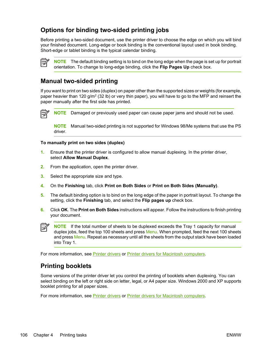 Options for binding two-sided printing jobs, Manual two-sided printing, Printing booklets | Manual two, Sided printing, Options for binding two, Sided printing jobs | HP Color LaserJet 4730 Multifunction Printer series User Manual | Page 126 / 412