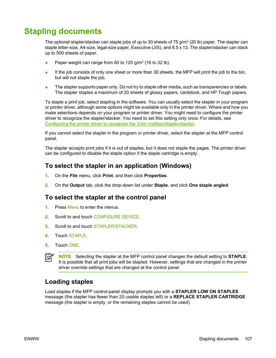 Stapling documents, To select the stapler in an application (windows), To select the stapler at the control panel | Loading staples | HP Color LaserJet 4730 Multifunction Printer series User Manual | Page 127 / 412