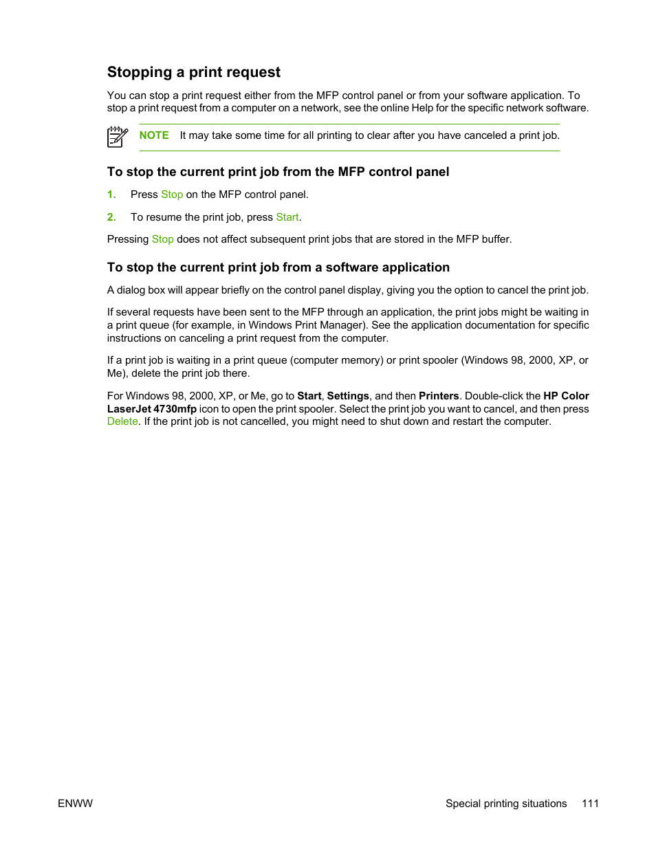 Stopping a print request | HP Color LaserJet 4730 Multifunction Printer series User Manual | Page 131 / 412