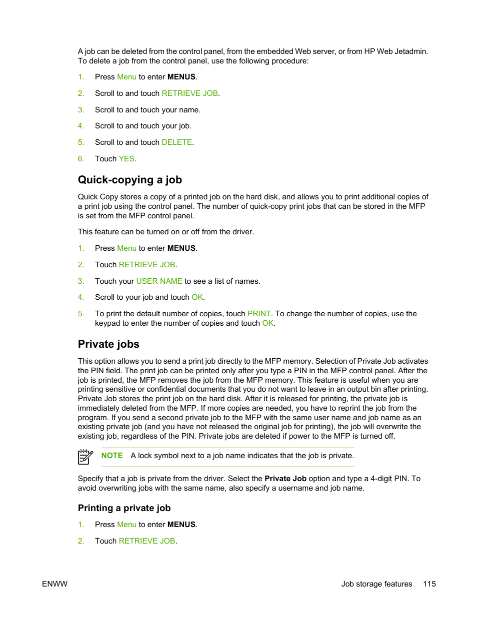 Quick-copying a job, Private jobs, Printing a private job | Quick-copying a job private jobs | HP Color LaserJet 4730 Multifunction Printer series User Manual | Page 135 / 412