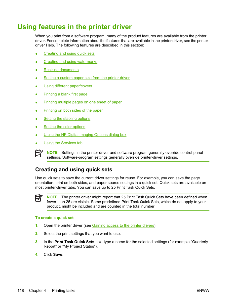 Using features in the printer driver, Creating and using quick sets | HP Color LaserJet 4730 Multifunction Printer series User Manual | Page 138 / 412