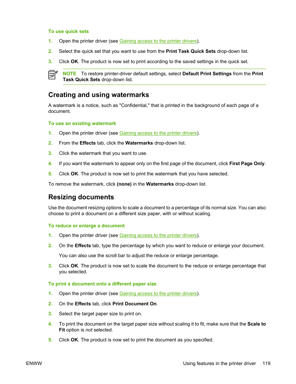 Creating and using watermarks, Resizing documents, Creating and using watermarks resizing documents | HP Color LaserJet 4730 Multifunction Printer series User Manual | Page 139 / 412