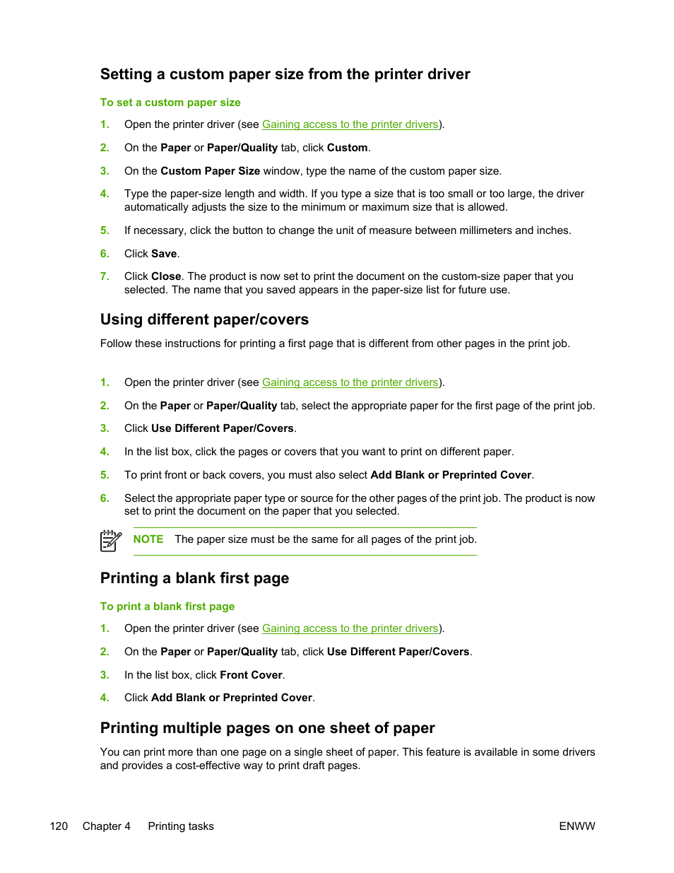 Using different paper/covers, Printing a blank first page, Printing multiple pages on one sheet of paper | HP Color LaserJet 4730 Multifunction Printer series User Manual | Page 140 / 412