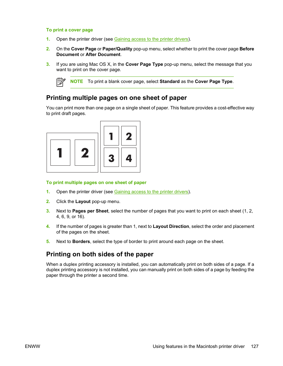 Printing on both sides of the paper, Printing multiple pages on one sheet of paper | HP Color LaserJet 4730 Multifunction Printer series User Manual | Page 147 / 412