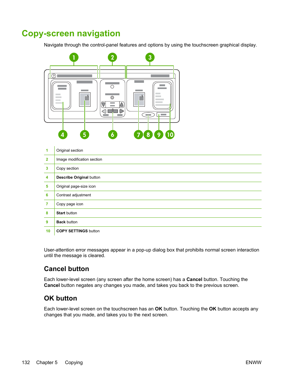 Copy-screen navigation, Cancel button, Ok button | Cancel button ok button | HP Color LaserJet 4730 Multifunction Printer series User Manual | Page 152 / 412