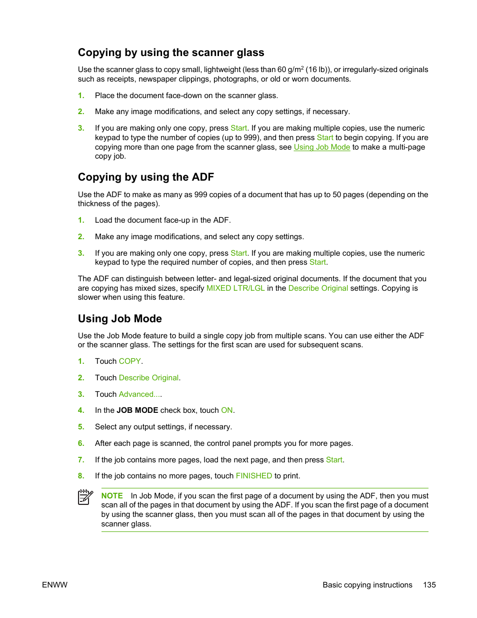 Copying by using the scanner glass, Copying by using the adf, Using job mode | HP Color LaserJet 4730 Multifunction Printer series User Manual | Page 155 / 412