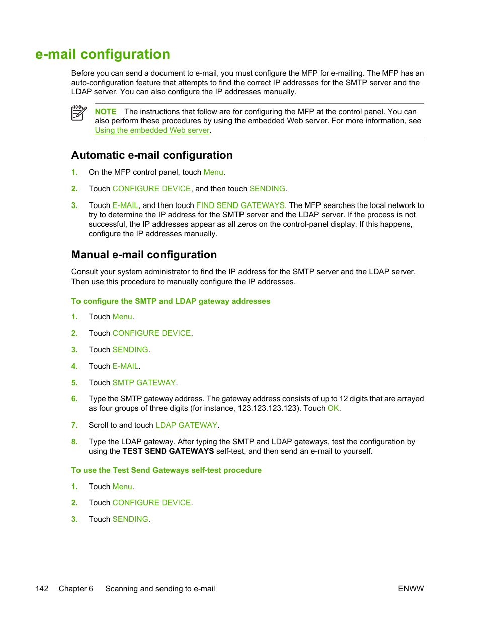 E-mail configuration, Automatic e-mail configuration, Manual e-mail configuration | HP Color LaserJet 4730 Multifunction Printer series User Manual | Page 162 / 412