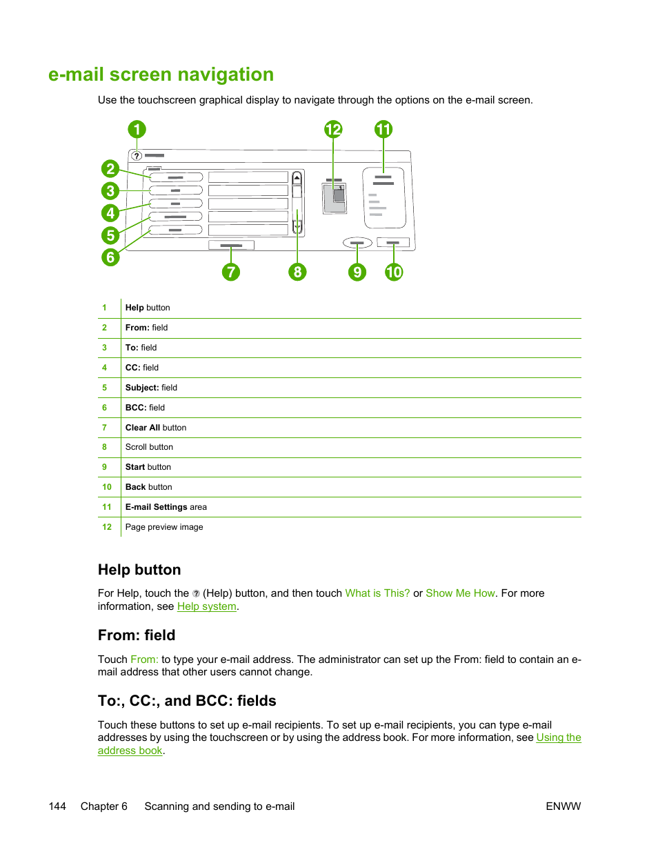 E-mail screen navigation, Help button, From: field | To:, cc:, and bcc: fields, Help button from: field to:, cc:, and bcc: fields | HP Color LaserJet 4730 Multifunction Printer series User Manual | Page 164 / 412