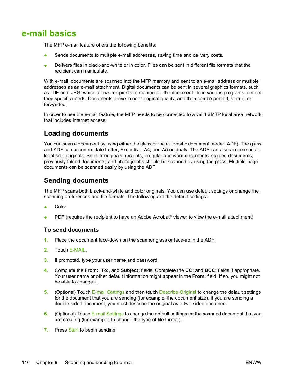 E-mail basics, Loading documents, Sending documents | To send documents, Loading documents sending documents | HP Color LaserJet 4730 Multifunction Printer series User Manual | Page 166 / 412