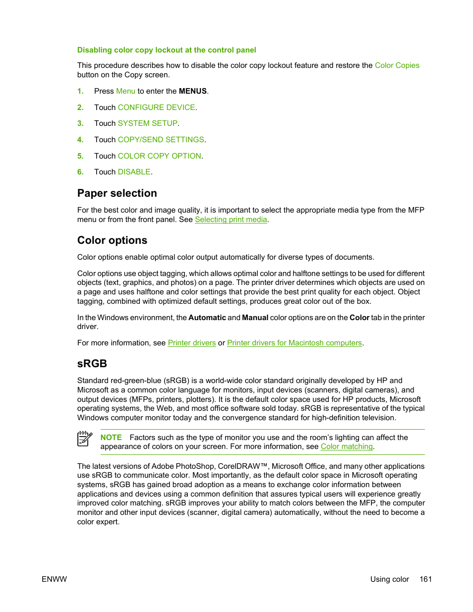 Paper selection, Color options, Srgb | Paper selection color options srgb | HP Color LaserJet 4730 Multifunction Printer series User Manual | Page 181 / 412