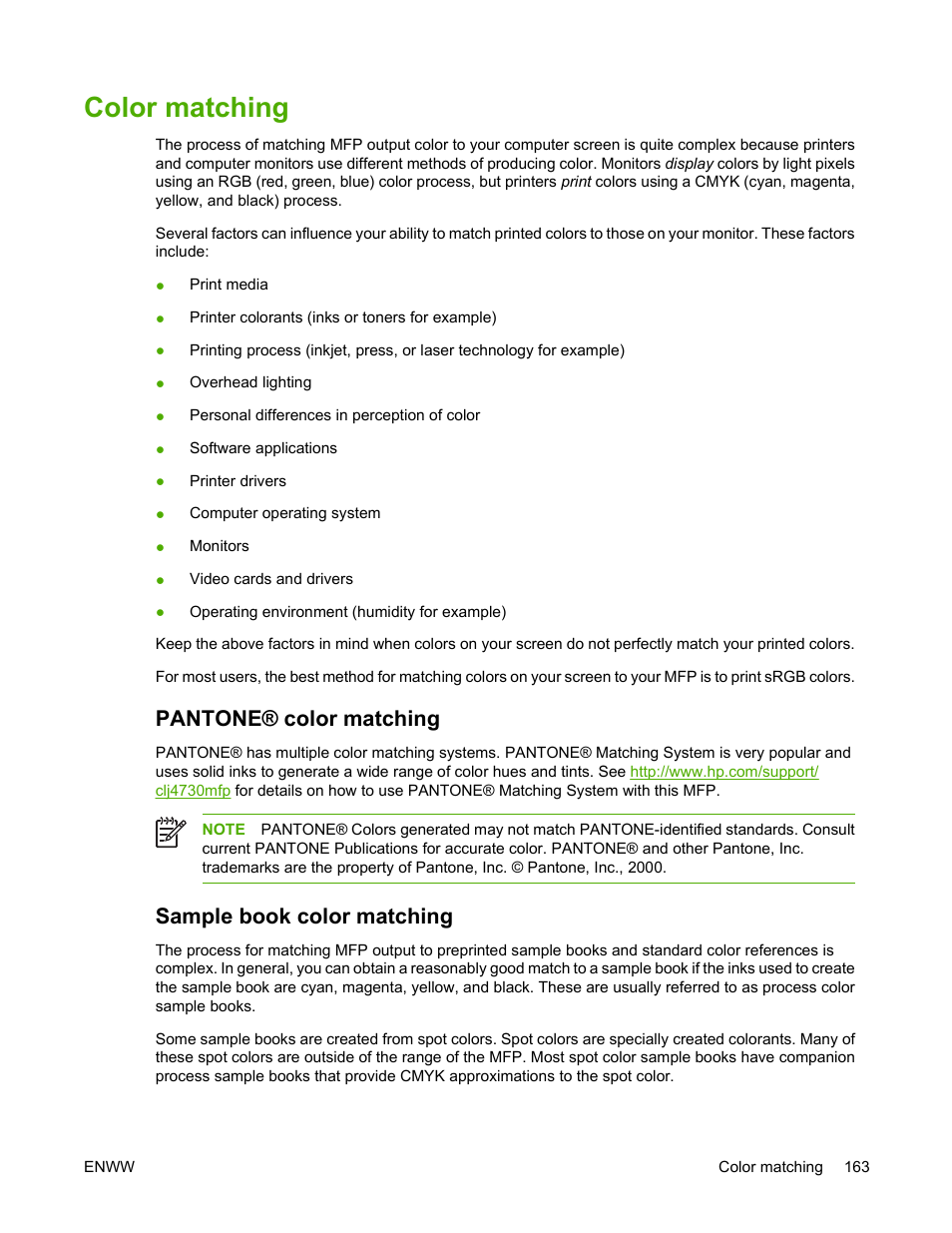 Color matching, Pantone® color matching, Sample book color matching | Pantone® color matching sample book color matching | HP Color LaserJet 4730 Multifunction Printer series User Manual | Page 183 / 412