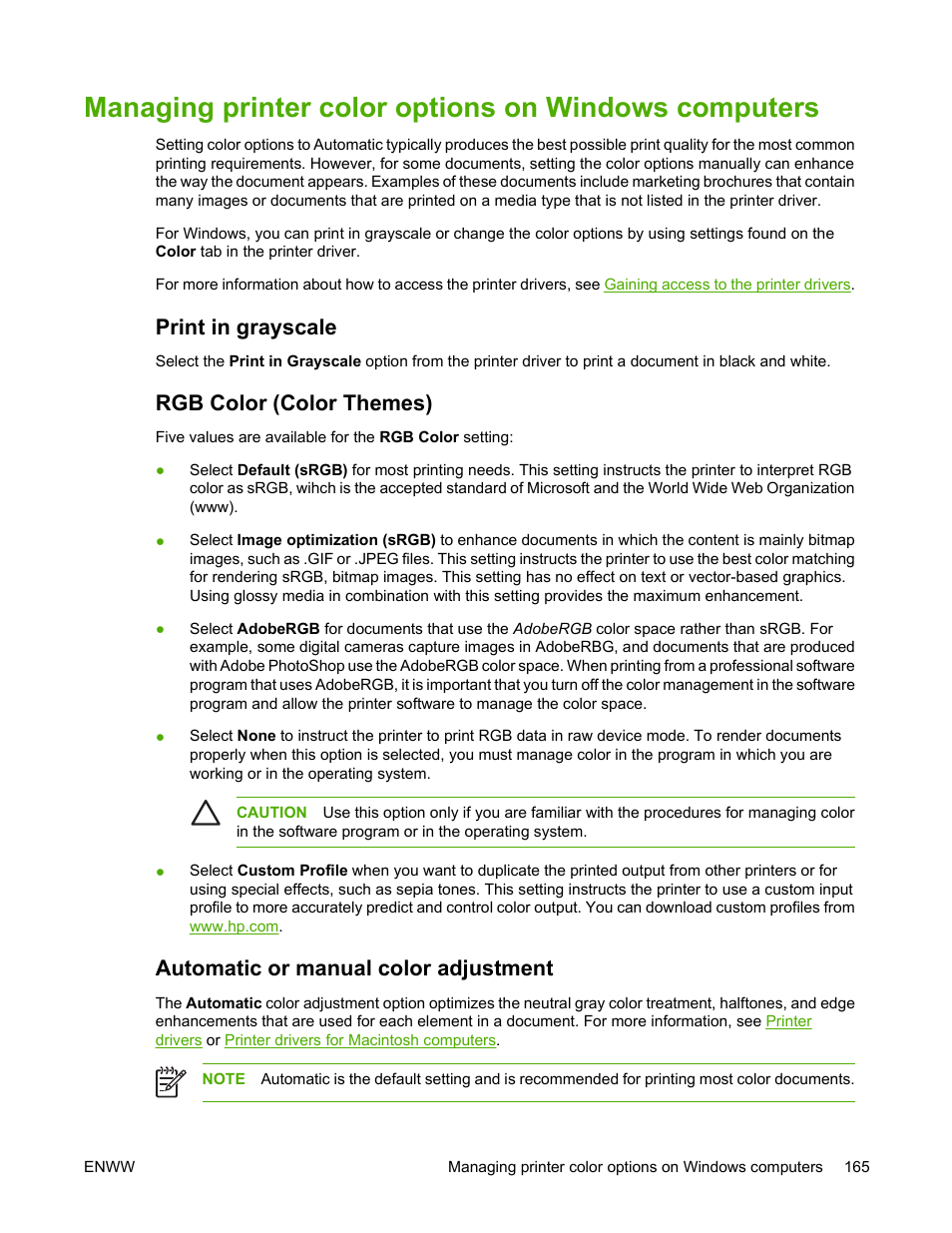 Print in grayscale, Rgb color (color themes), Automatic or manual color adjustment | Managing printer color, Options on windows computers | HP Color LaserJet 4730 Multifunction Printer series User Manual | Page 185 / 412