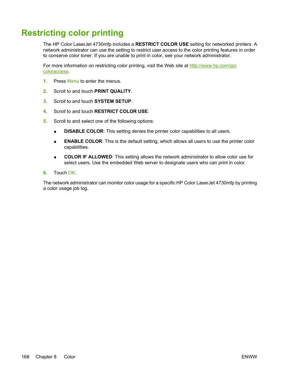 Restricting color printing | HP Color LaserJet 4730 Multifunction Printer series User Manual | Page 188 / 412