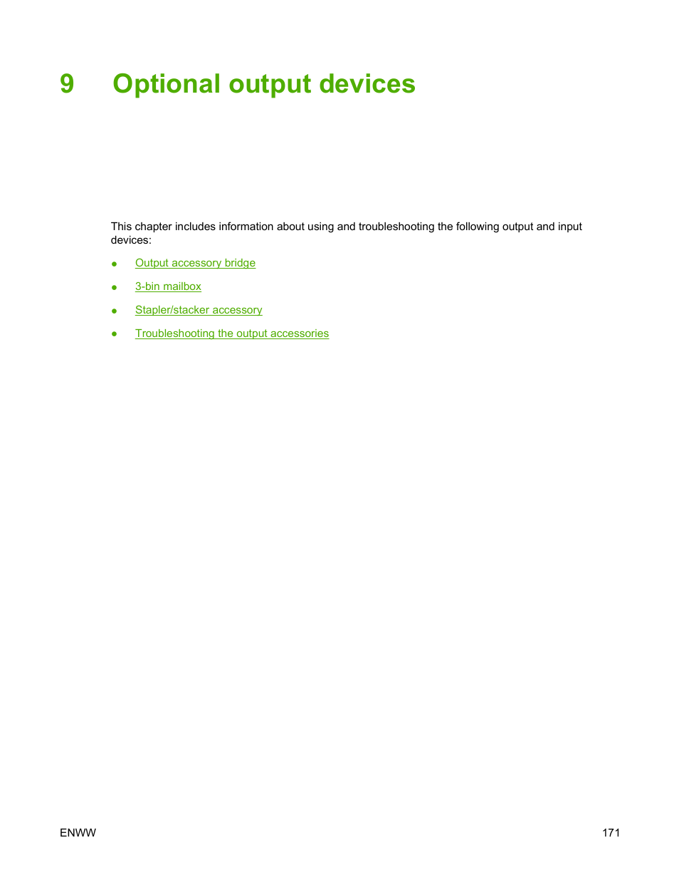 Optional output devices, 9 optional output devices, 9optional output devices | HP Color LaserJet 4730 Multifunction Printer series User Manual | Page 191 / 412