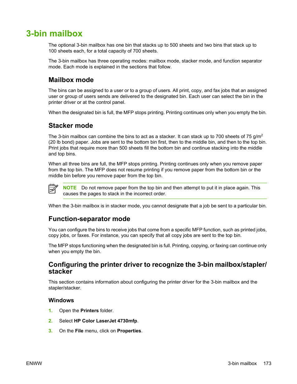 Bin mailbox, Mailbox mode, Stacker mode | Function-separator mode, Windows | HP Color LaserJet 4730 Multifunction Printer series User Manual | Page 193 / 412