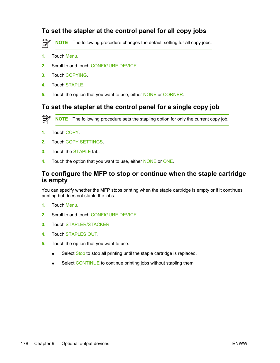 To configure the mfp to stop or continue, When the staple cartridge is empty | HP Color LaserJet 4730 Multifunction Printer series User Manual | Page 198 / 412