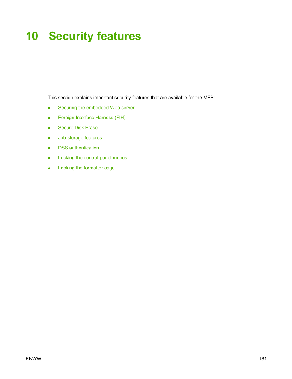 Security features, 10 security features | HP Color LaserJet 4730 Multifunction Printer series User Manual | Page 201 / 412