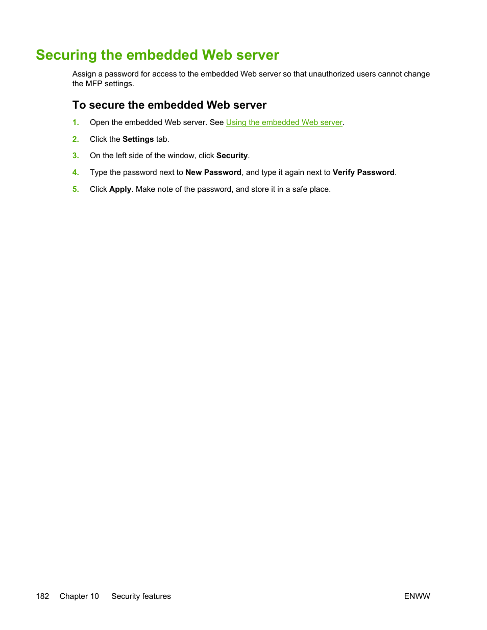 Securing the embedded web server, To secure the embedded web server | HP Color LaserJet 4730 Multifunction Printer series User Manual | Page 202 / 412
