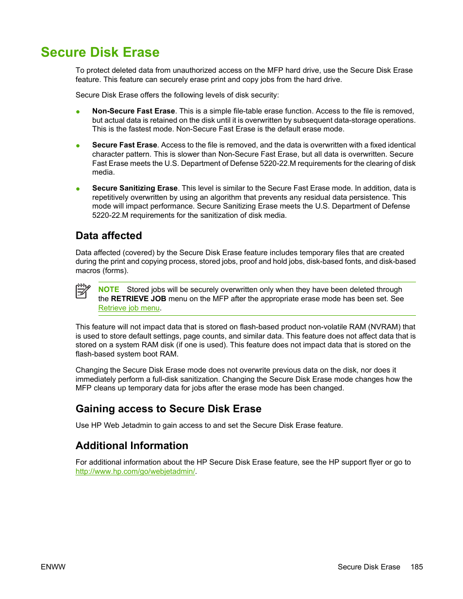Secure disk erase, Data affected, Gaining access to secure disk erase | Additional information | HP Color LaserJet 4730 Multifunction Printer series User Manual | Page 205 / 412