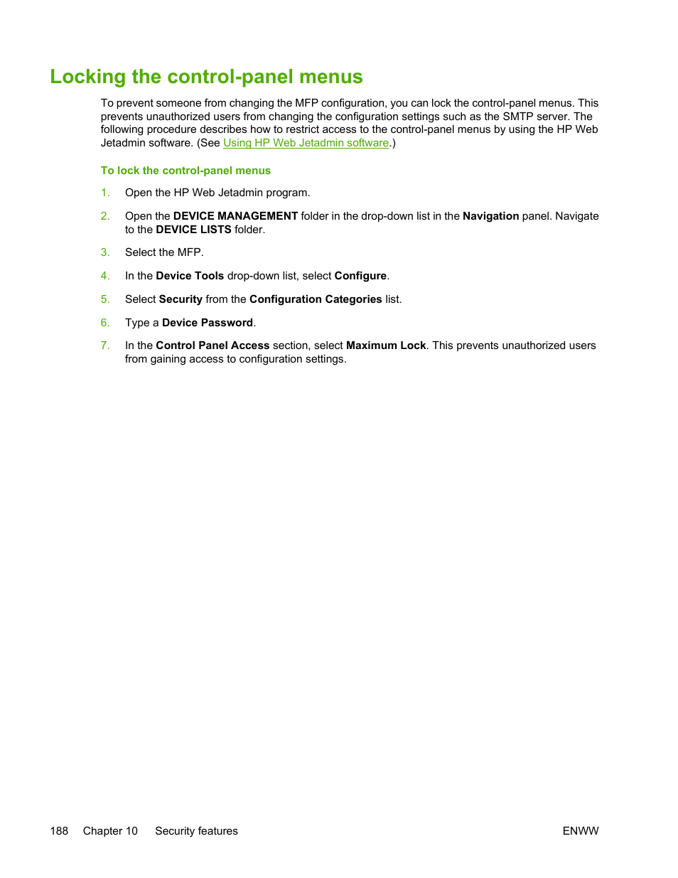 Locking the control-panel menus | HP Color LaserJet 4730 Multifunction Printer series User Manual | Page 208 / 412