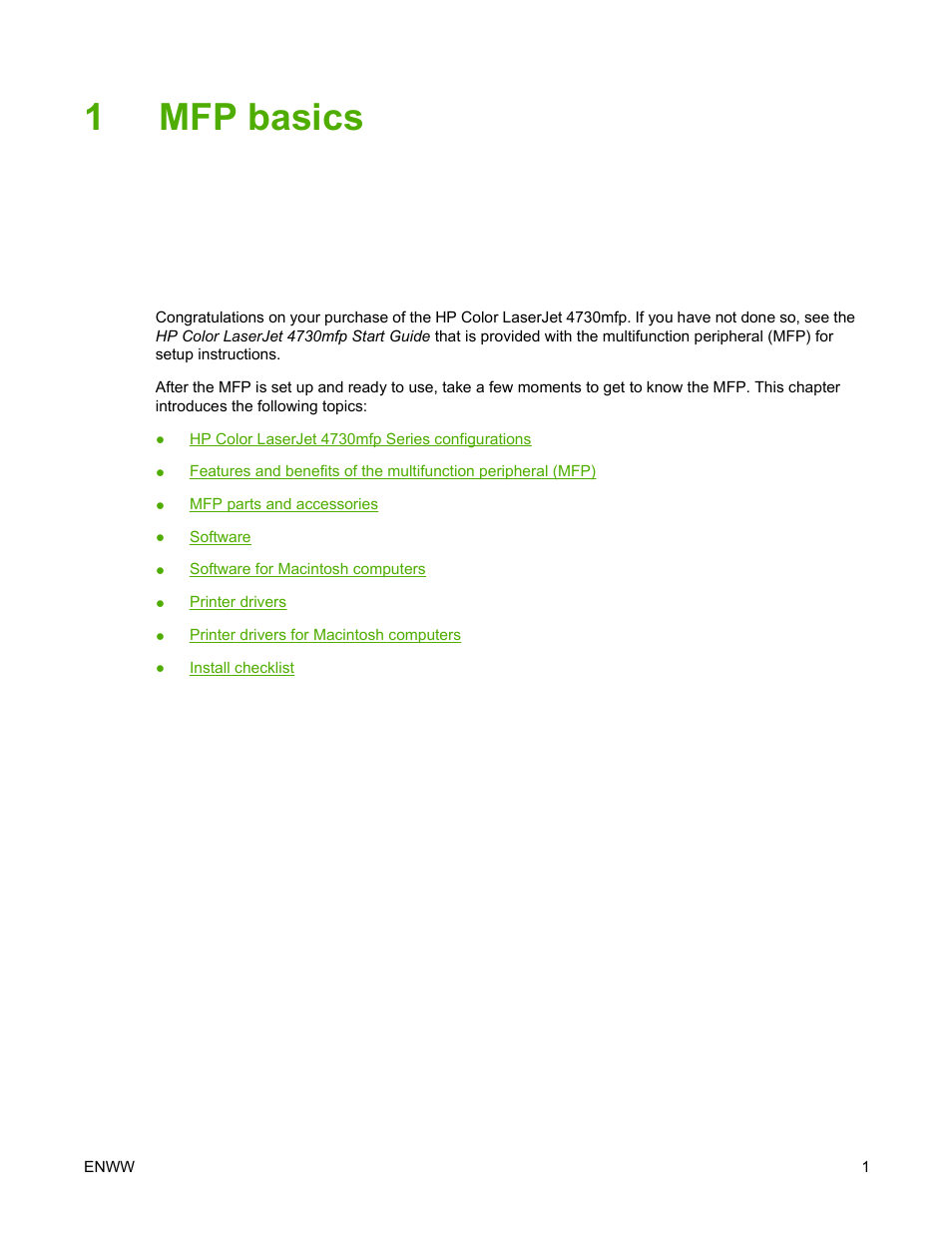 Mfp basics, 1 mfp basics, 1mfp basics | HP Color LaserJet 4730 Multifunction Printer series User Manual | Page 21 / 412