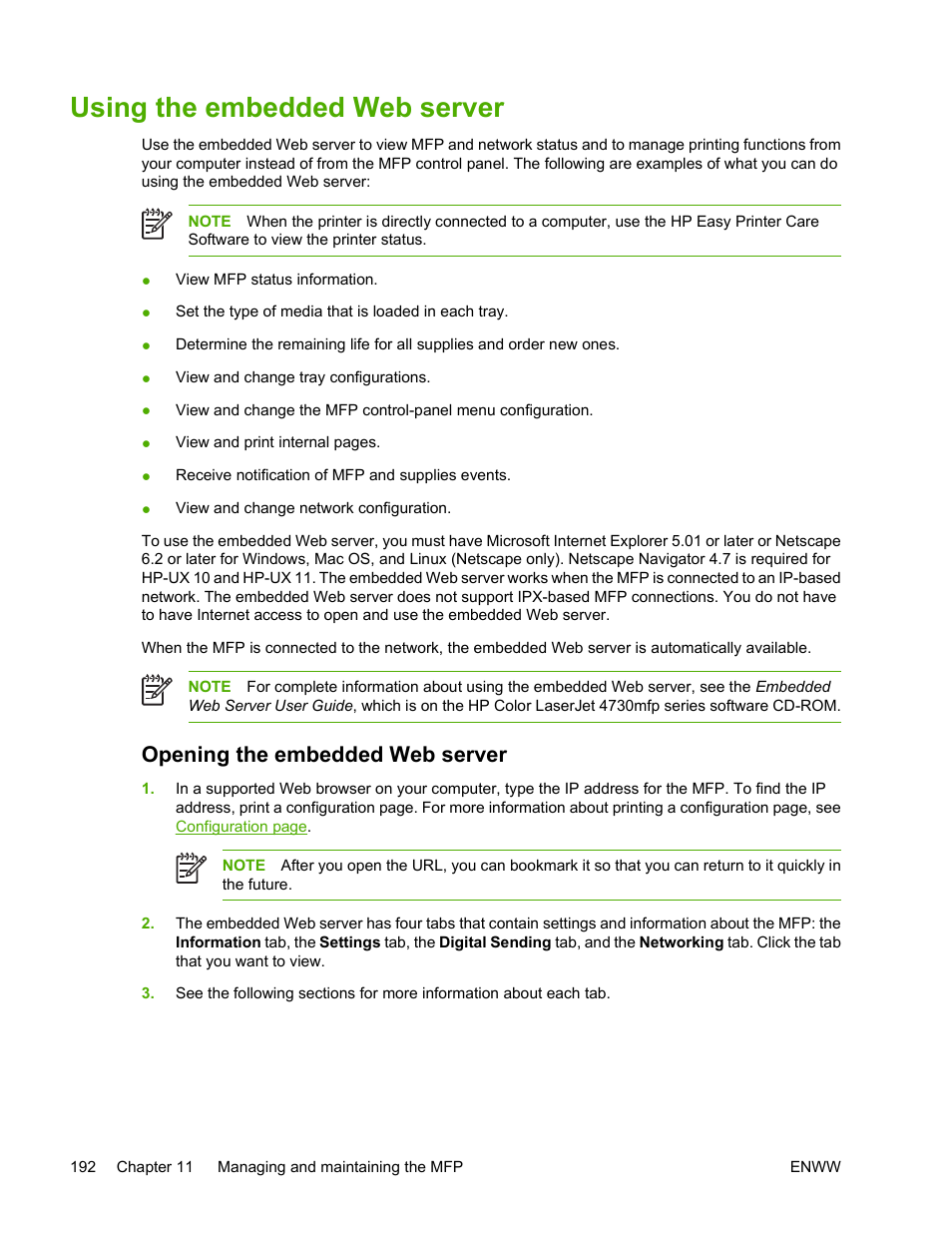 Using the embedded web server, Opening the embedded web server | HP Color LaserJet 4730 Multifunction Printer series User Manual | Page 212 / 412