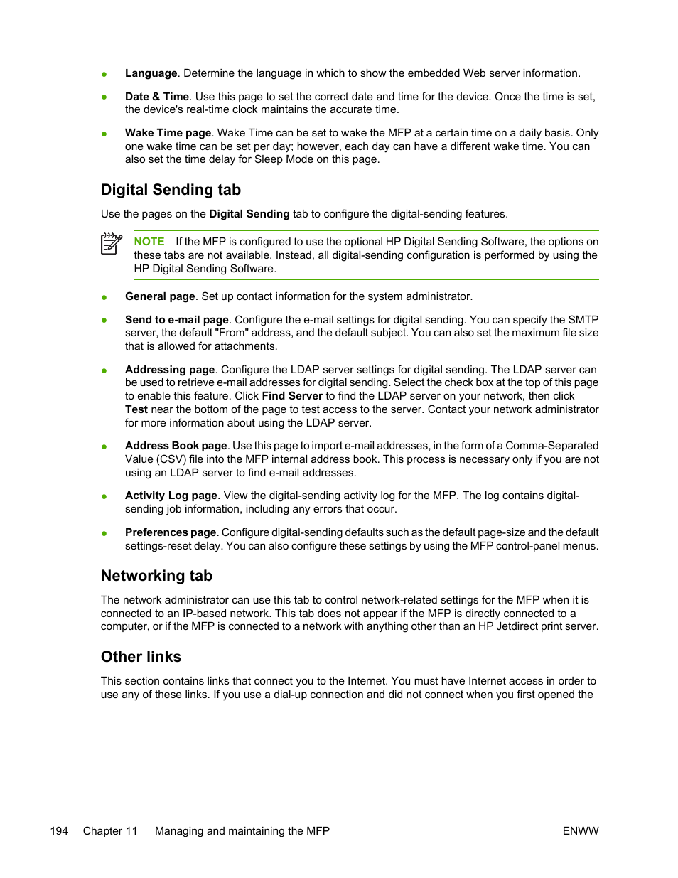 Digital sending tab, Networking tab, Other links | Digital sending tab networking tab other links | HP Color LaserJet 4730 Multifunction Printer series User Manual | Page 214 / 412