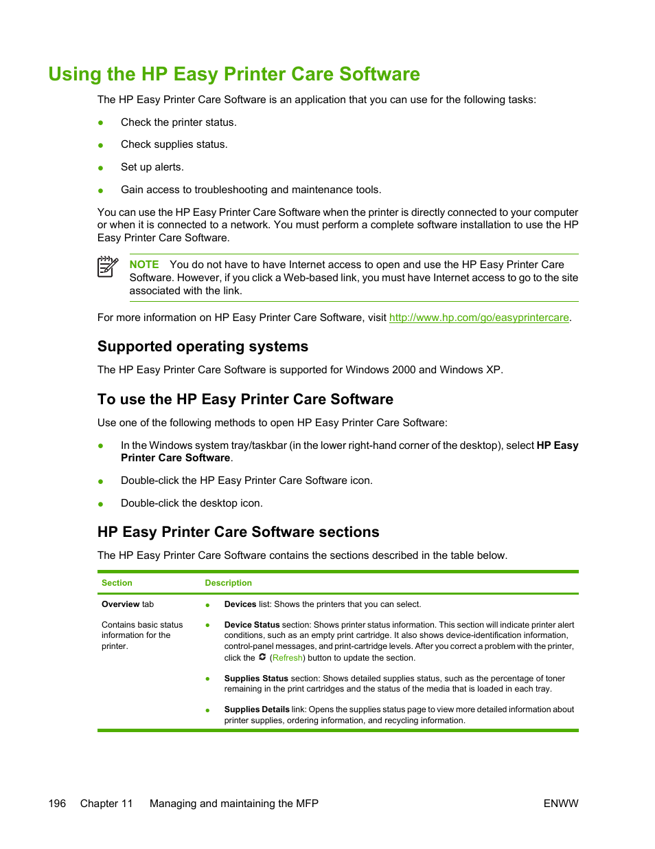 Using the hp easy printer care software, Supported operating systems, To use the hp easy printer care software | Hp easy printer care software sections | HP Color LaserJet 4730 Multifunction Printer series User Manual | Page 216 / 412