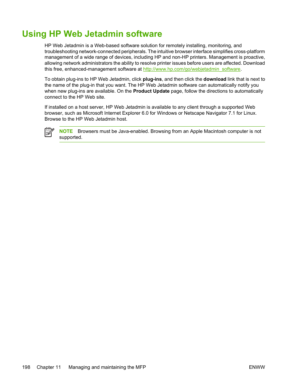 Using hp web jetadmin software | HP Color LaserJet 4730 Multifunction Printer series User Manual | Page 218 / 412