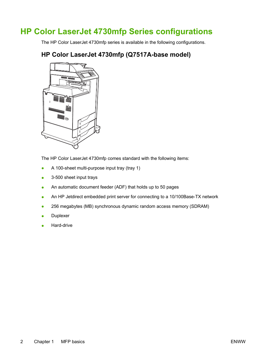 Hp color laserjet 4730mfp series configurations, Hp color laserjet 4730mfp (q7517a-base model) | HP Color LaserJet 4730 Multifunction Printer series User Manual | Page 22 / 412