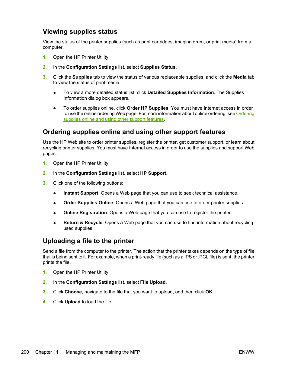 Viewing supplies status, Uploading a file to the printer | HP Color LaserJet 4730 Multifunction Printer series User Manual | Page 220 / 412