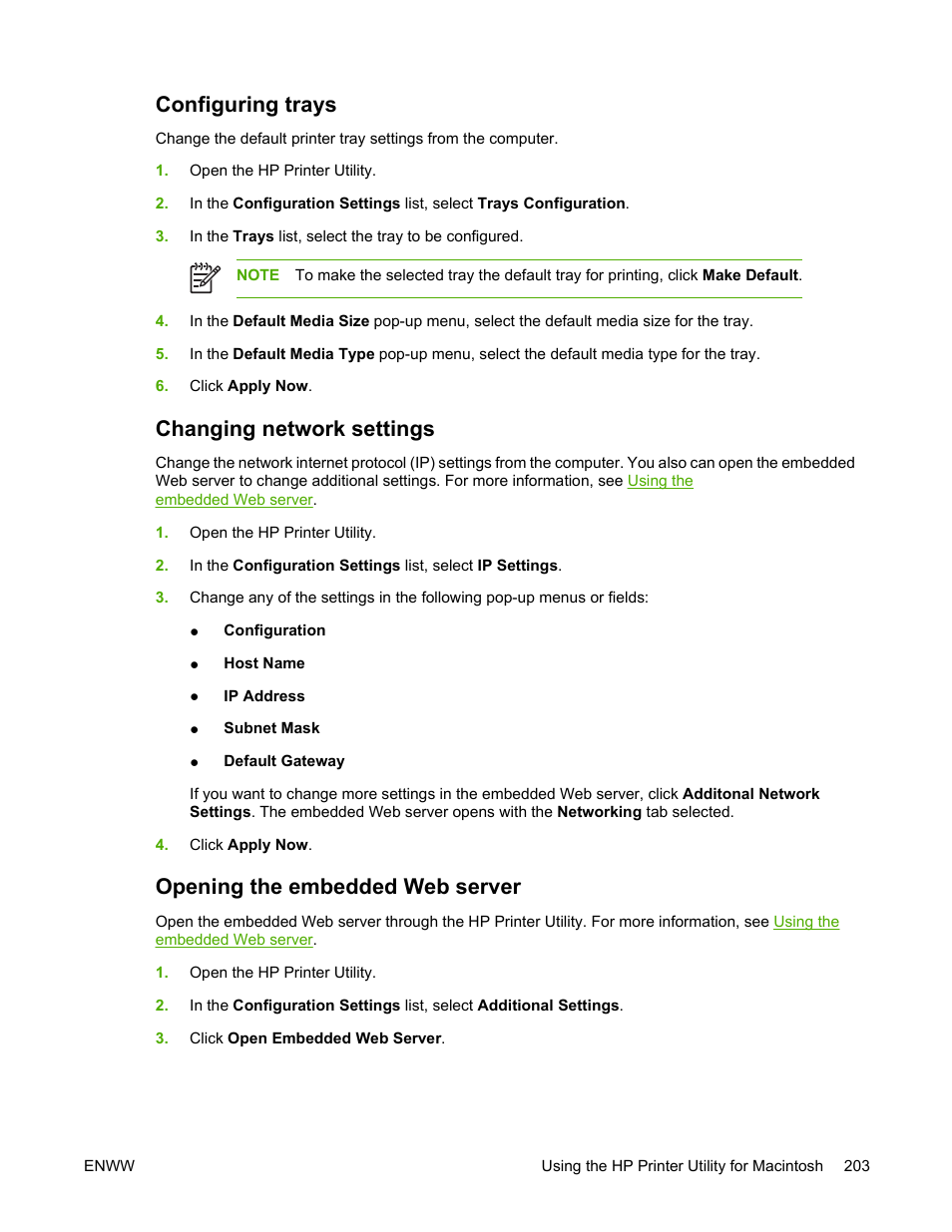 Configuring trays, Changing network settings, Opening the embedded web server | HP Color LaserJet 4730 Multifunction Printer series User Manual | Page 223 / 412