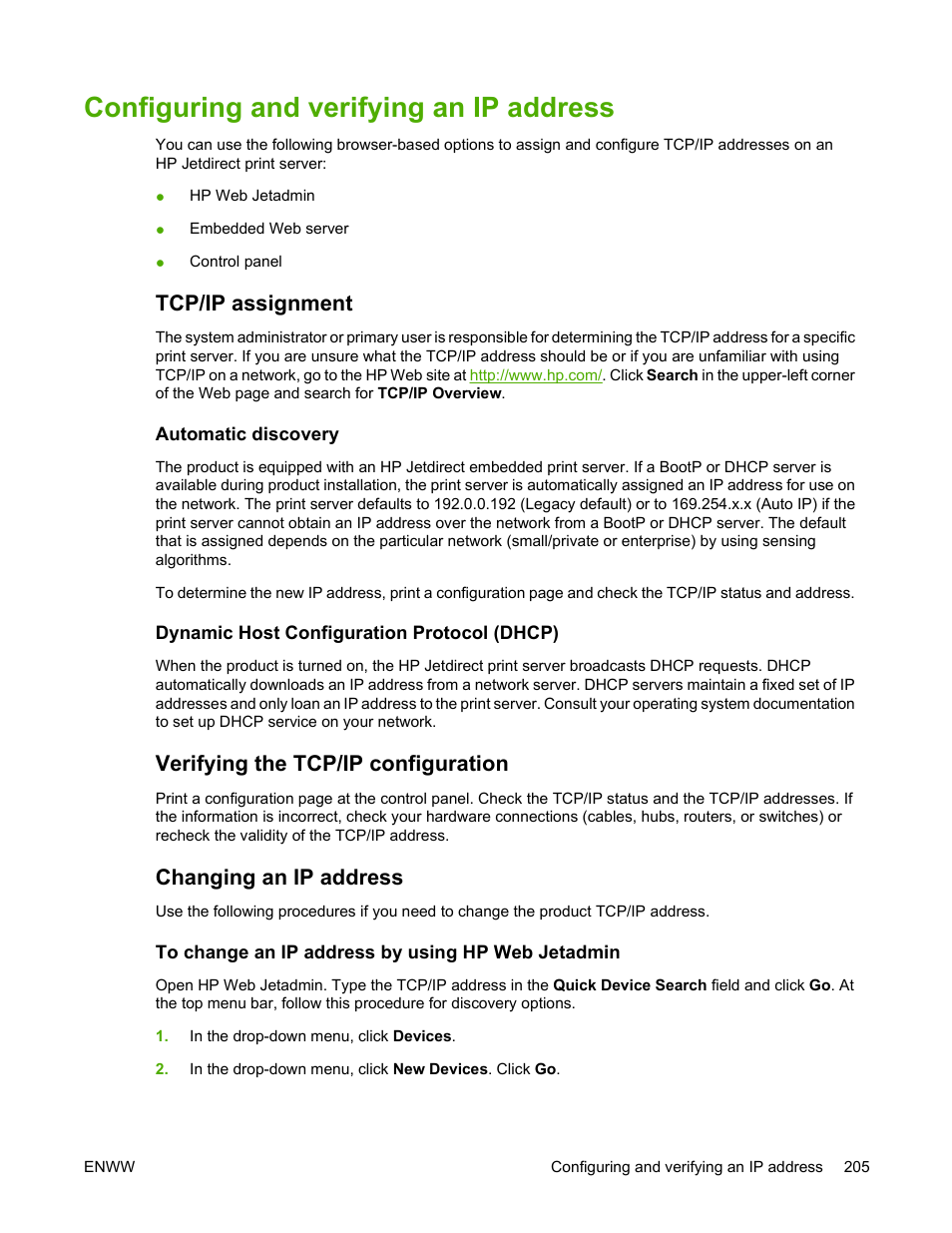 Configuring and verifying an ip address, Tcp/ip assignment, Automatic discovery | Dynamic host configuration protocol (dhcp), Verifying the tcp/ip configuration, Changing an ip address, To change an ip address by using hp web jetadmin | HP Color LaserJet 4730 Multifunction Printer series User Manual | Page 225 / 412