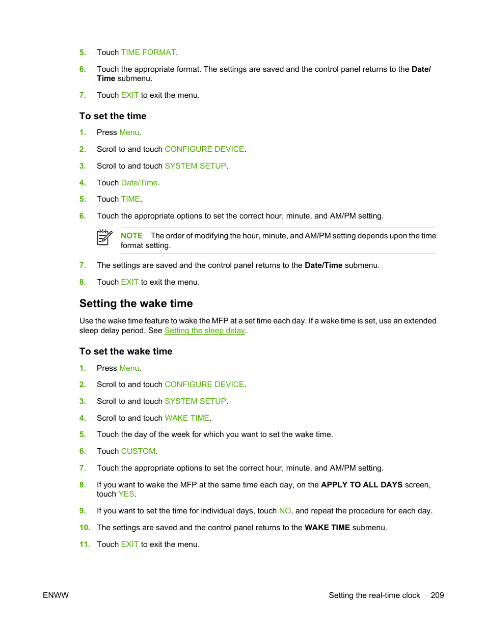 To set the time, Setting the wake time, To set the wake time | HP Color LaserJet 4730 Multifunction Printer series User Manual | Page 229 / 412