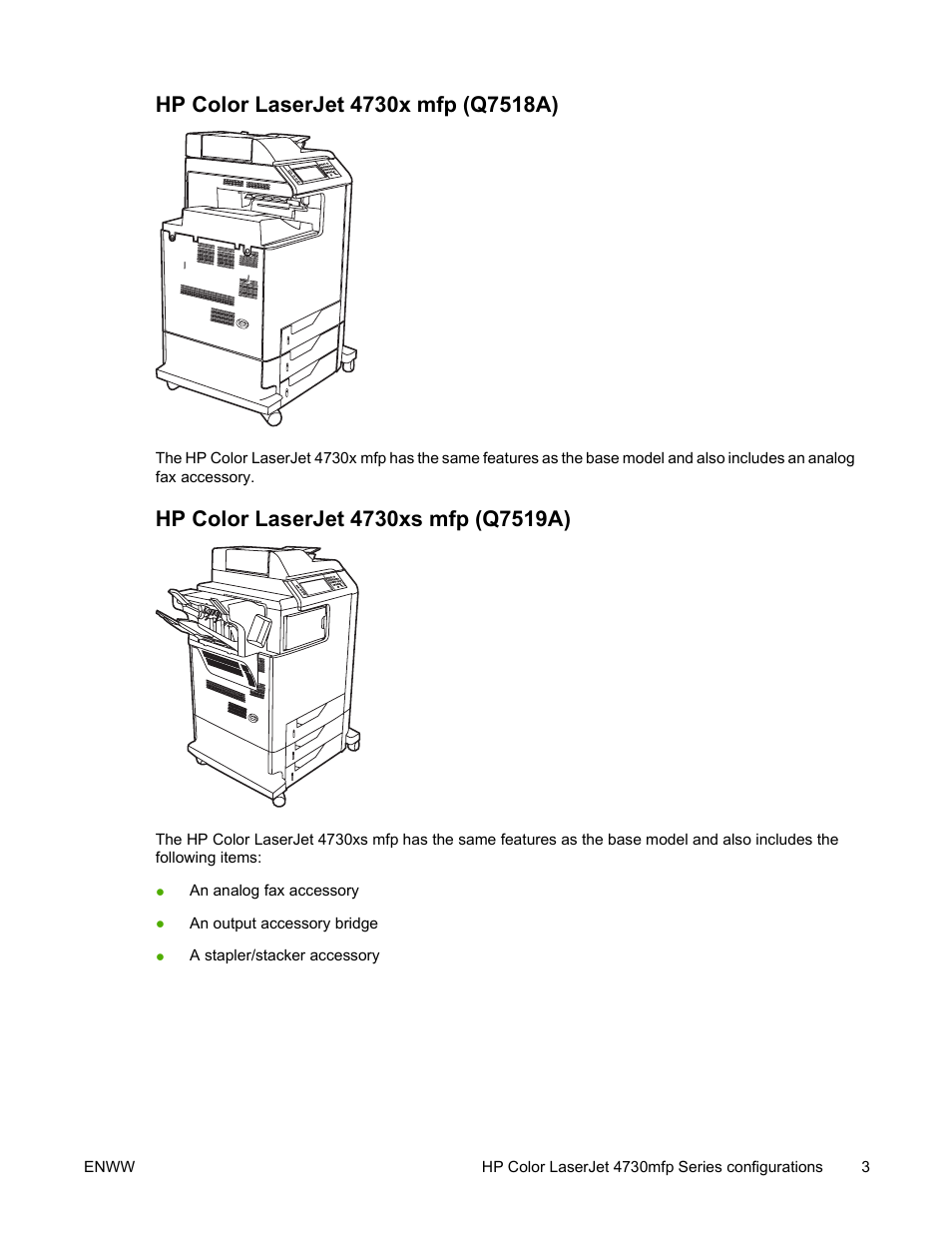 Hp color laserjet 4730x mfp (q7518a), Hp color laserjet 4730xs mfp (q7519a) | HP Color LaserJet 4730 Multifunction Printer series User Manual | Page 23 / 412