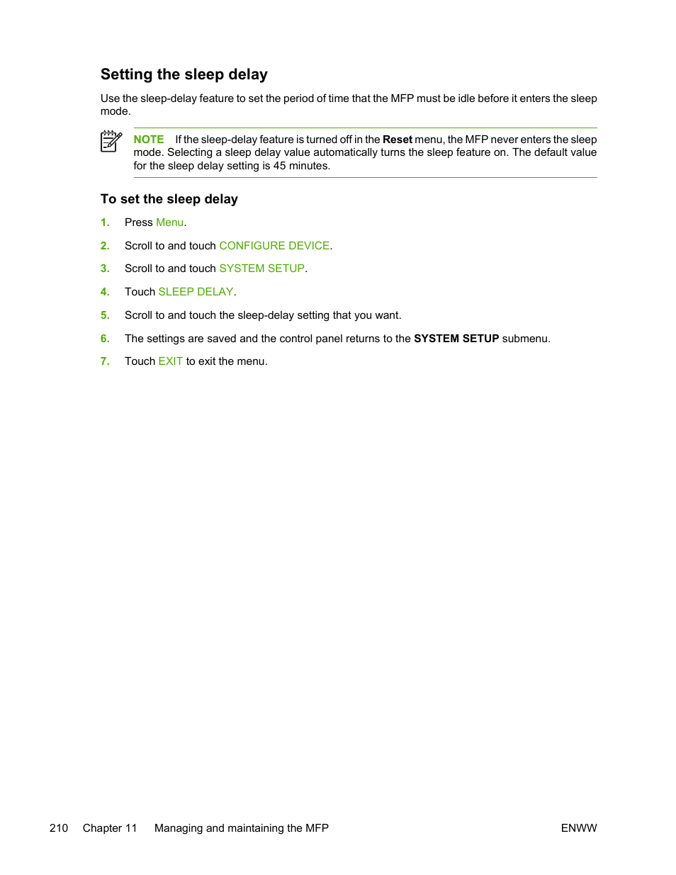 Setting the sleep delay, To set the sleep delay | HP Color LaserJet 4730 Multifunction Printer series User Manual | Page 230 / 412