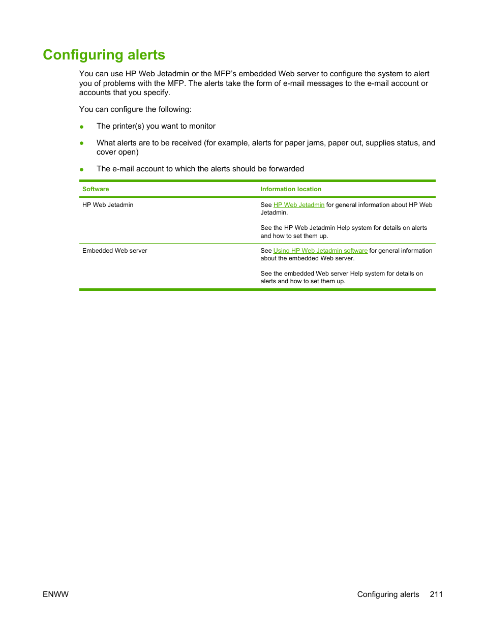 Configuring alerts | HP Color LaserJet 4730 Multifunction Printer series User Manual | Page 231 / 412