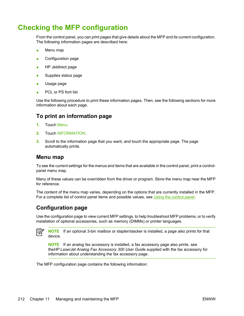 Checking the mfp configuration, Menu map, Checking the mfp | Configuration, Configuration page | HP Color LaserJet 4730 Multifunction Printer series User Manual | Page 232 / 412