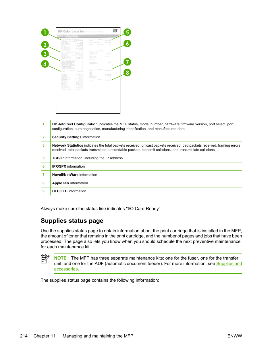 Supplies status page | HP Color LaserJet 4730 Multifunction Printer series User Manual | Page 234 / 412