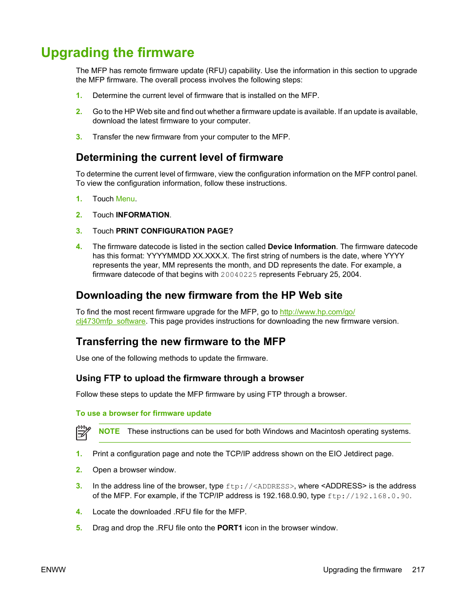 Upgrading the firmware, Determining the current level of firmware, Downloading the new firmware from the hp web site | Transferring the new firmware to the mfp, Using ftp to upload the firmware through a browser, To use a browser for firmware update | HP Color LaserJet 4730 Multifunction Printer series User Manual | Page 237 / 412