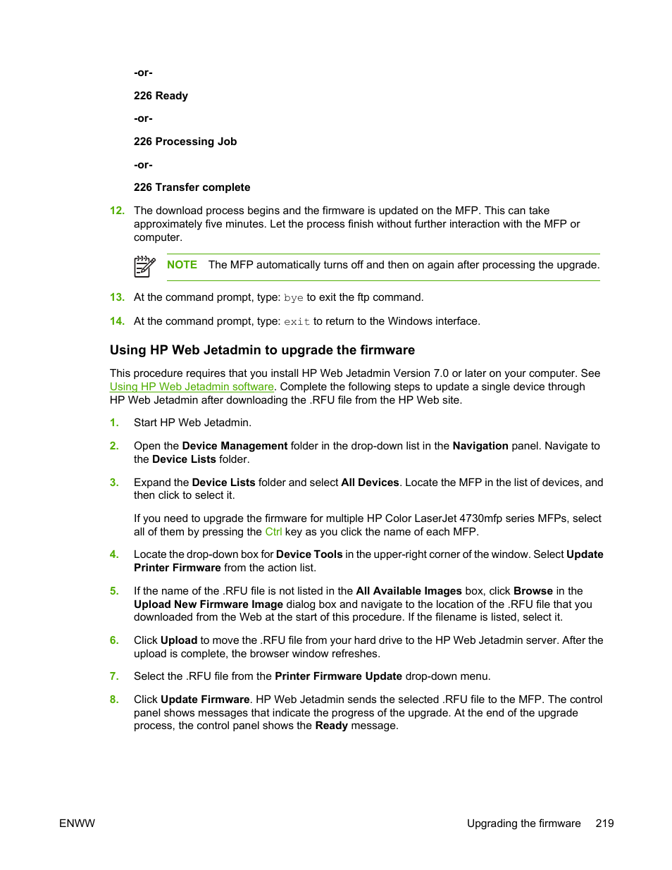 Using hp web jetadmin to upgrade the firmware | HP Color LaserJet 4730 Multifunction Printer series User Manual | Page 239 / 412