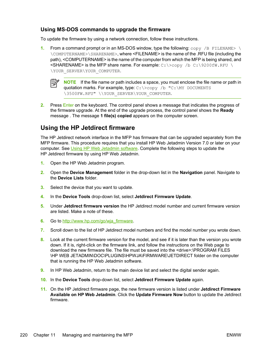 Using ms-dos commands to upgrade the firmware, Using the hp jetdirect firmware | HP Color LaserJet 4730 Multifunction Printer series User Manual | Page 240 / 412