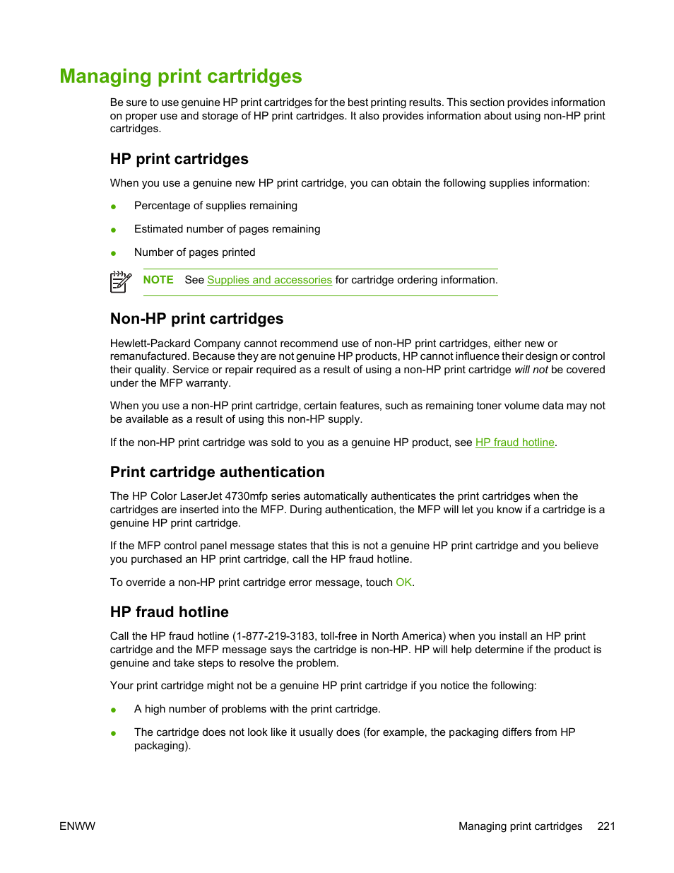 Managing print cartridges, Hp print cartridges, Non-hp print cartridges | Print cartridge authentication, Hp fraud hotline | HP Color LaserJet 4730 Multifunction Printer series User Manual | Page 241 / 412