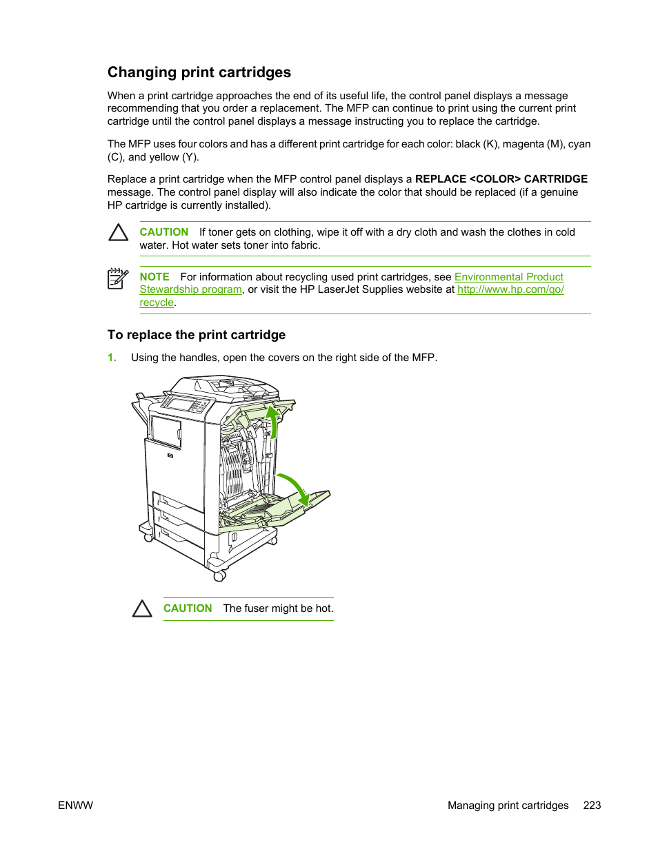 Changing print cartridges, To replace the print cartridge | HP Color LaserJet 4730 Multifunction Printer series User Manual | Page 243 / 412