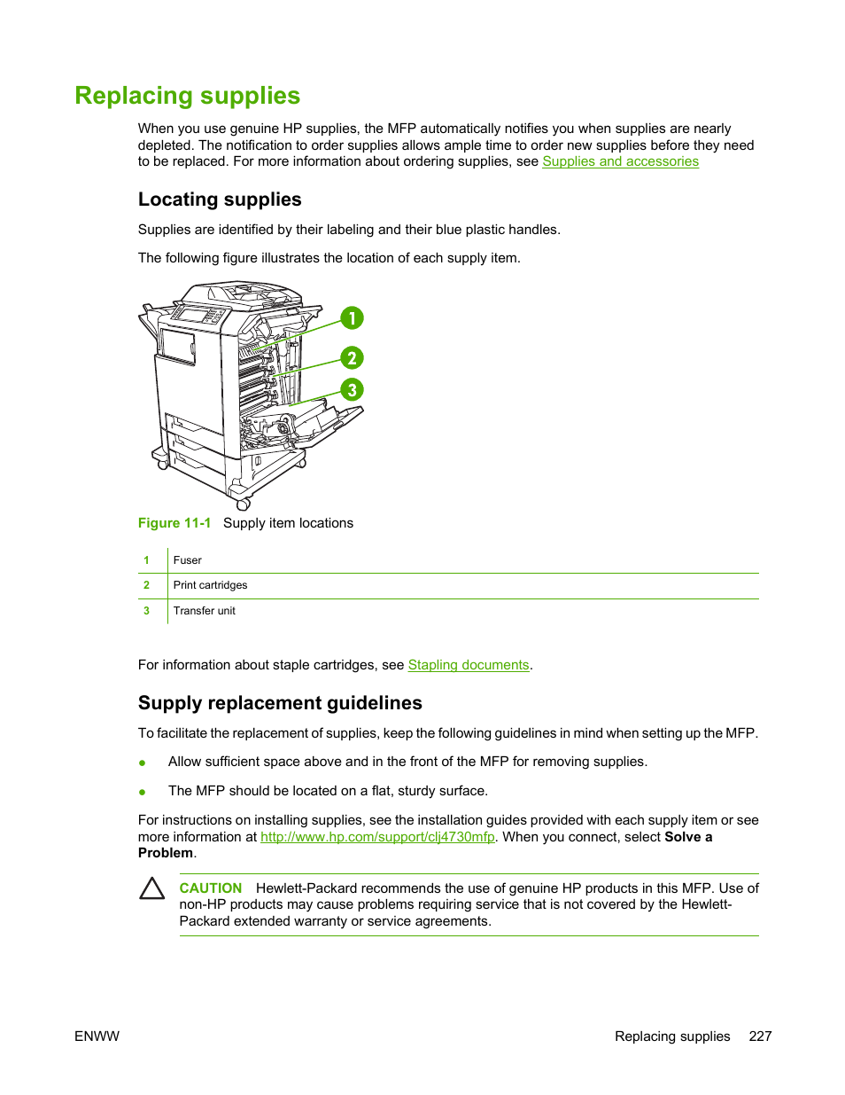 Replacing supplies, Locating supplies, Supply replacement guidelines | Locating supplies supply replacement guidelines | HP Color LaserJet 4730 Multifunction Printer series User Manual | Page 247 / 412
