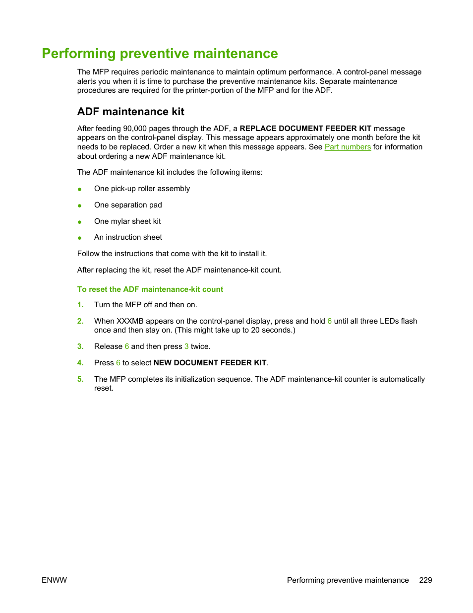 Performing preventive maintenance, Adf maintenance kit | HP Color LaserJet 4730 Multifunction Printer series User Manual | Page 249 / 412