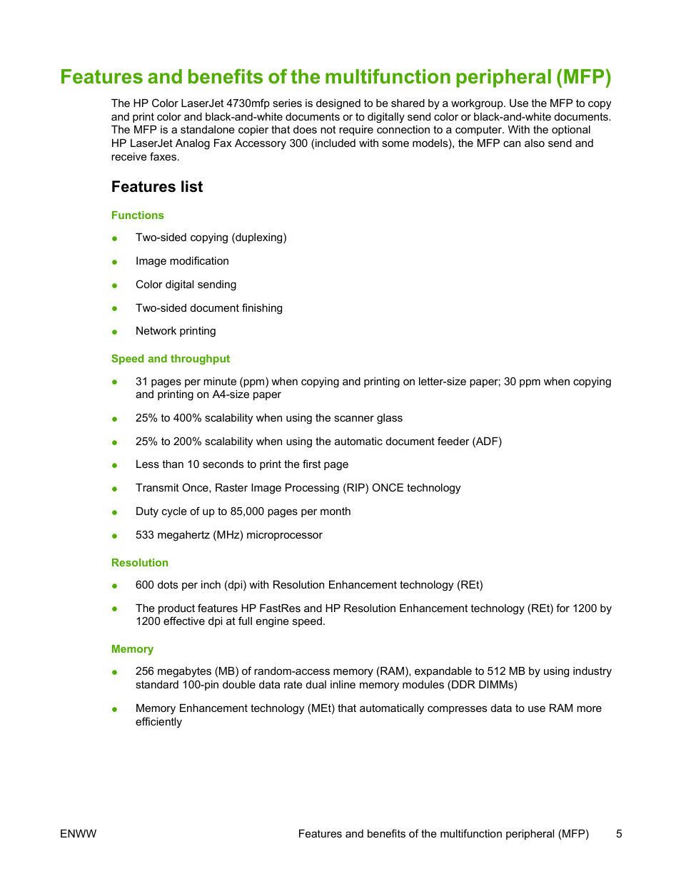 Features list | HP Color LaserJet 4730 Multifunction Printer series User Manual | Page 25 / 412